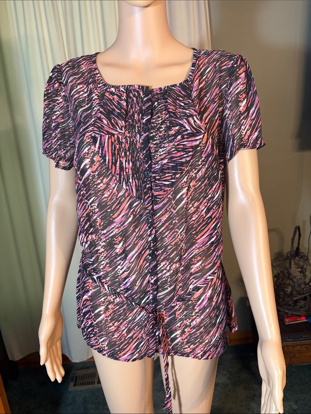East 5th Pink and Black Abstract Short Sleeve Blouse